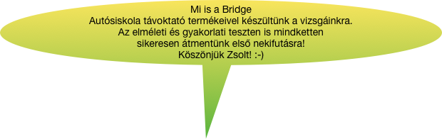 Mi is a Bridge Autósiskola távoktató termékeivel készültünk a vizsgáinkra. 
Az elméleti és gyakorlati teszten is mindketten 
sikeresen átmentünk első nekifutásra! 
Köszönjük Zsolt! :-)

Köszönjük Kedves Zsolt!